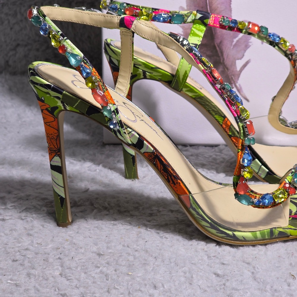 Jessica Simpson Multicolor Jeweled Floral High Heel Sandals - Picture 9 of 11